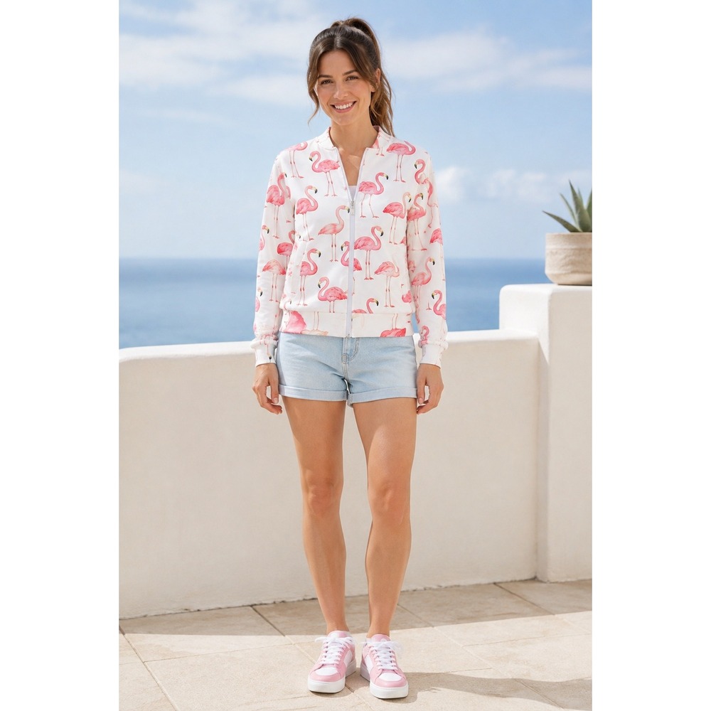 Pink Flamingo White Pink Zip Up Bomber Novelty Animal Lightweight S Jacket